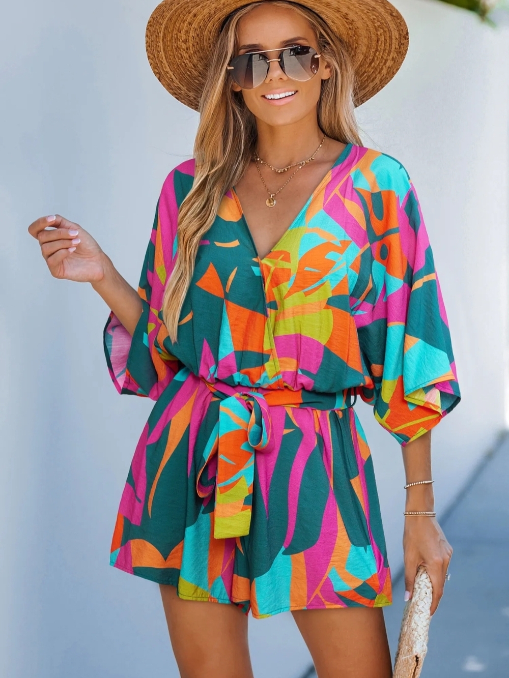 Vibrant Tropical Print Tie-Waist Romper - Multicolor